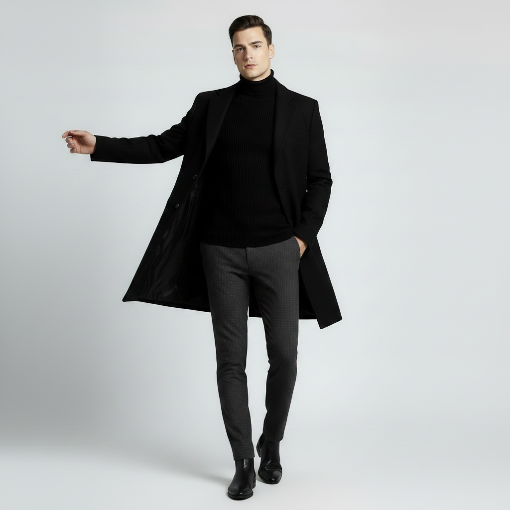 Men's Long Coat | Stylish Notched Lapel Overcoat