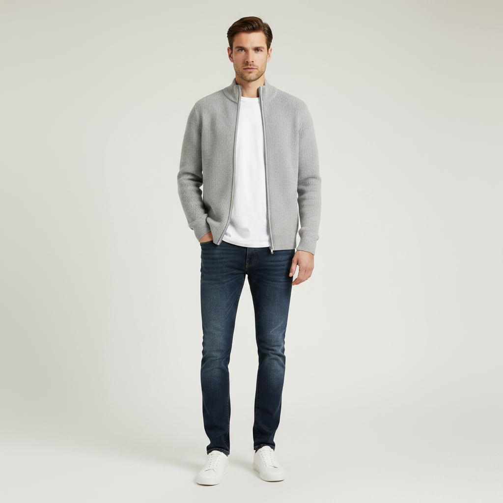 Men's Slim Fit Zip Cardigan | Stylish Ribbed Knit Sweater