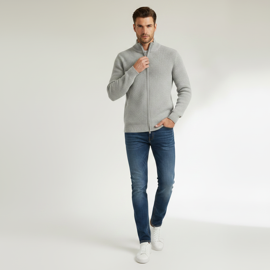 Men's Slim Fit Zip Cardigan | Stylish Ribbed Knit Sweater